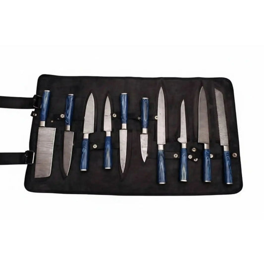 10 Piece Damascus Kitchen Knife Set with Blue Pakkawood Handles