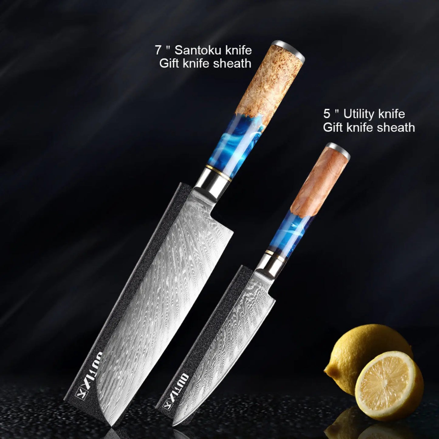 Damascus Chef Knife Set Blue Resin Handle 7 Piece