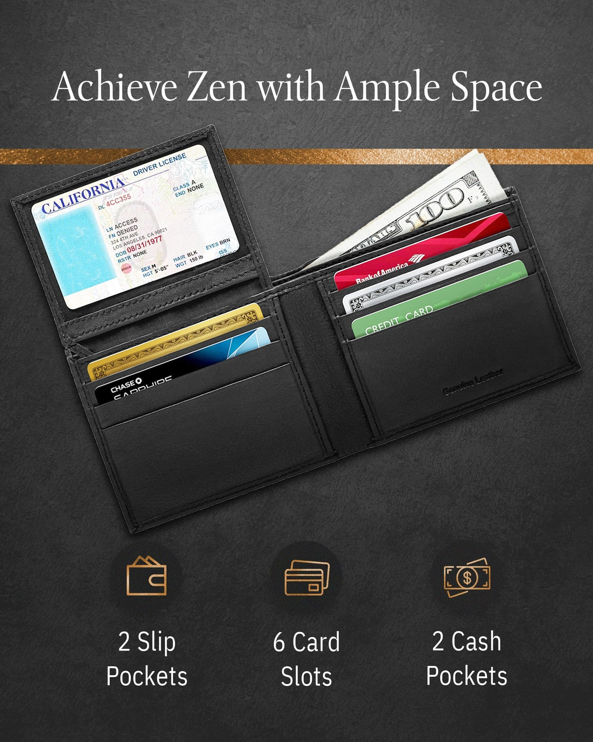 Genuine Leather Bifold Wallet – Flip-Up ID Window, RFID Blocking