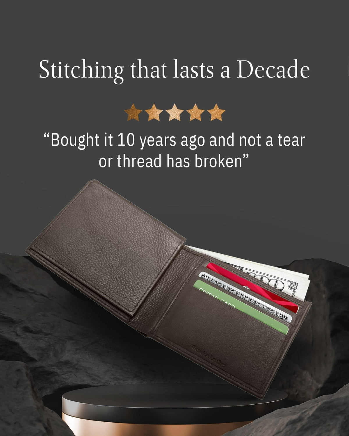 Genuine Leather Bifold Wallet – Flip-Up ID Window, RFID Blocking