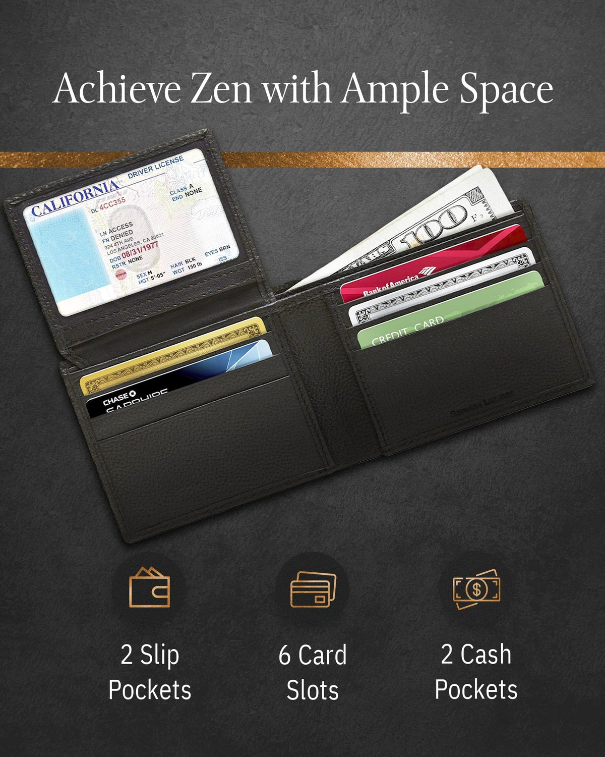 Genuine Leather Bifold Wallet – Flip-Up ID Window, RFID Blocking