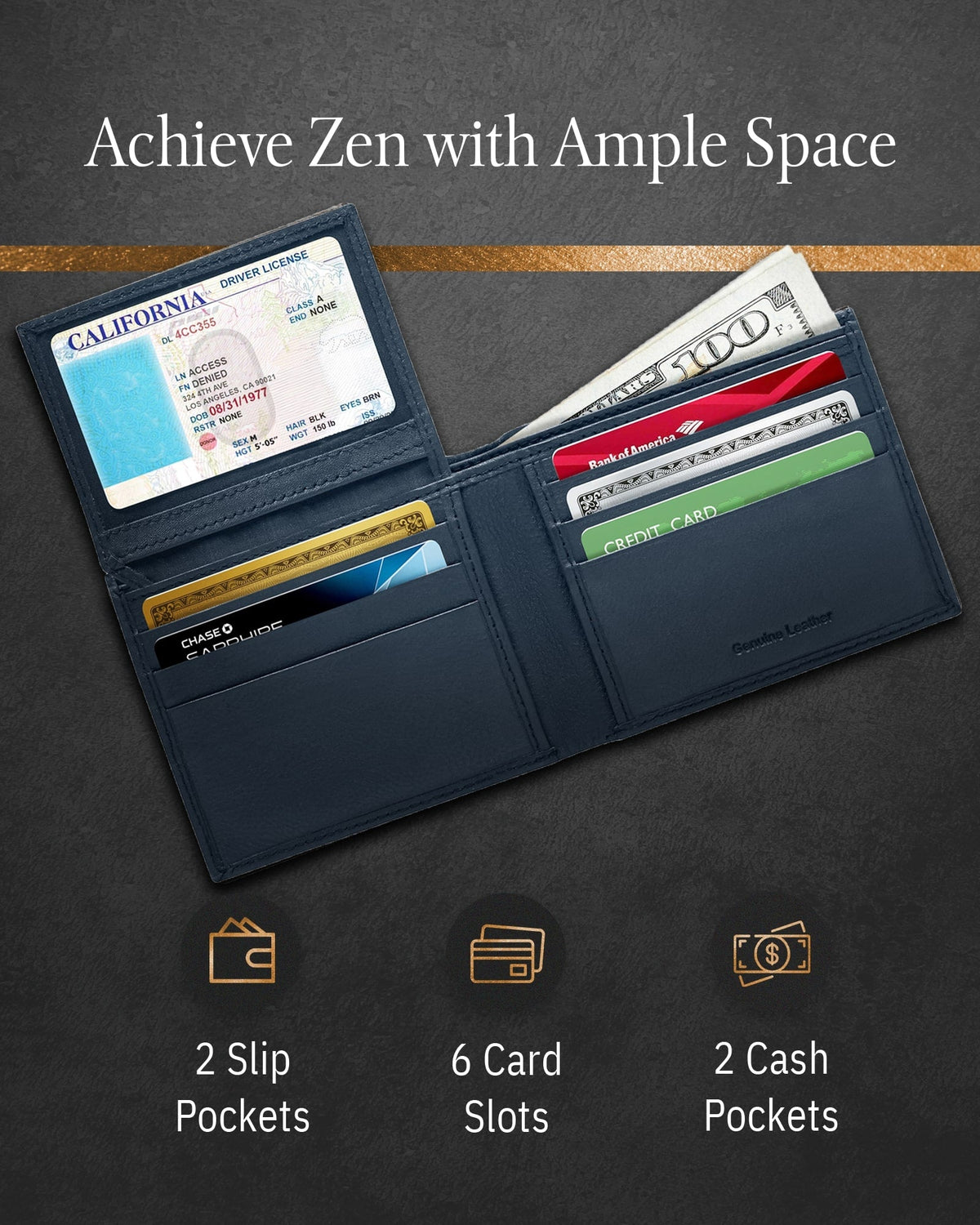 Genuine Leather Bifold Wallet – Flip-Up ID Window, RFID Blocking