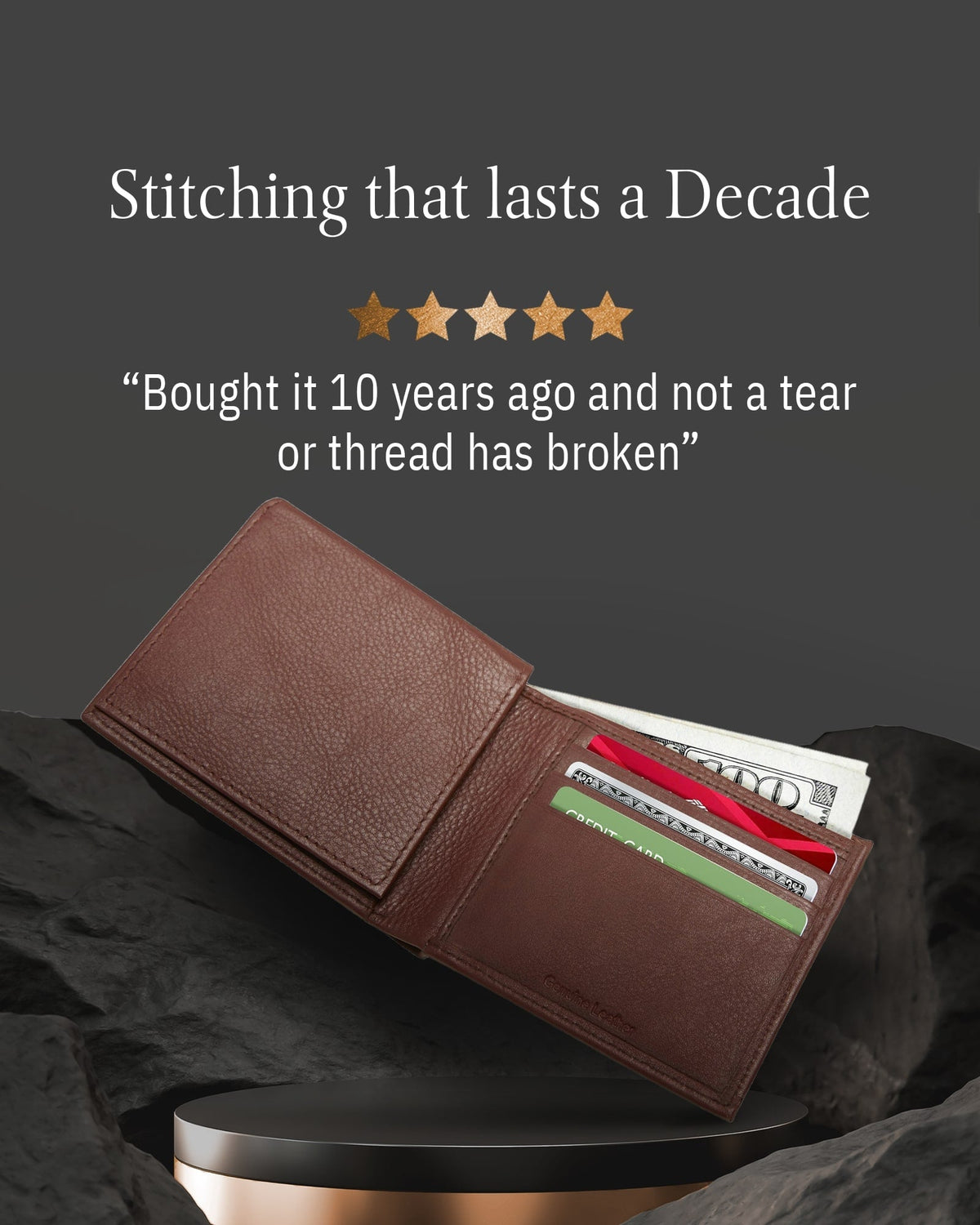 Genuine Leather Bifold Wallet – Flip-Up ID Window, RFID Blocking