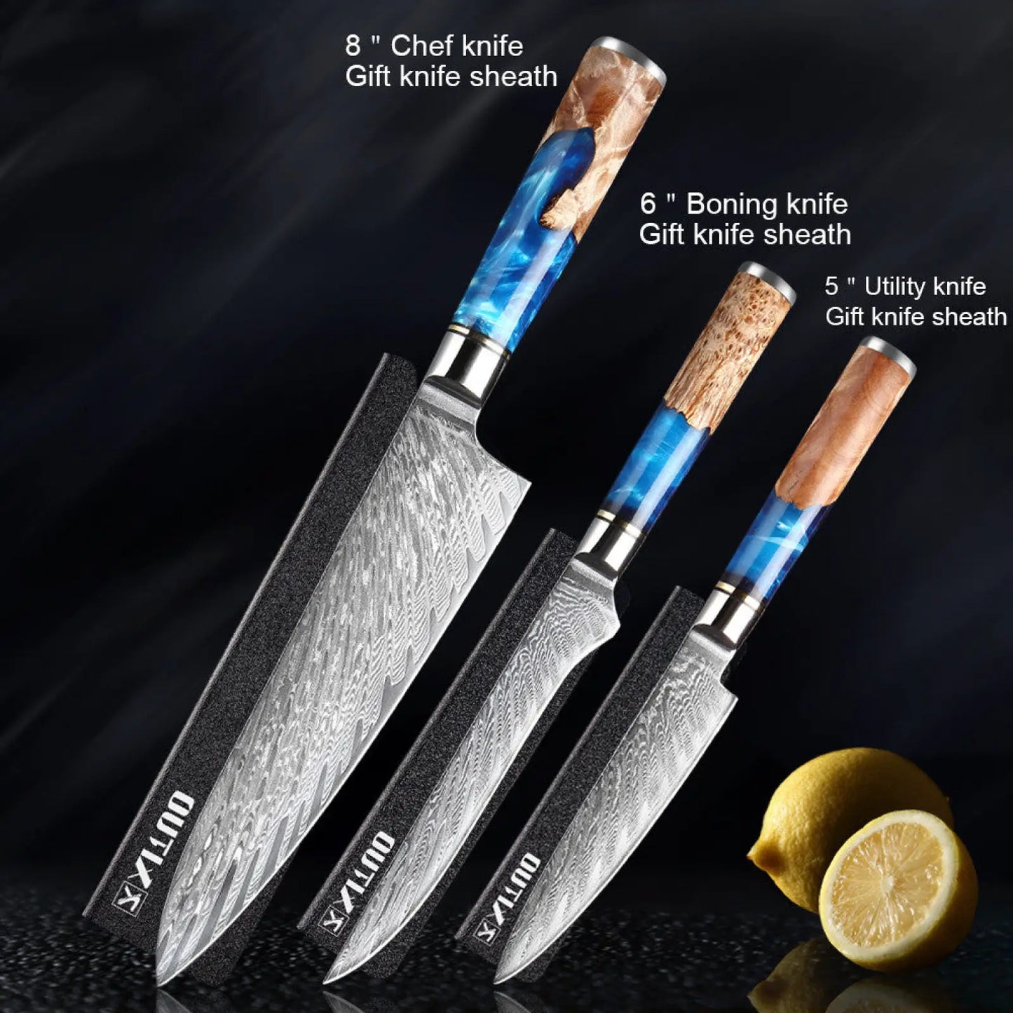 Damascus Chef Knife Set Blue Resin Handle 7 Piece