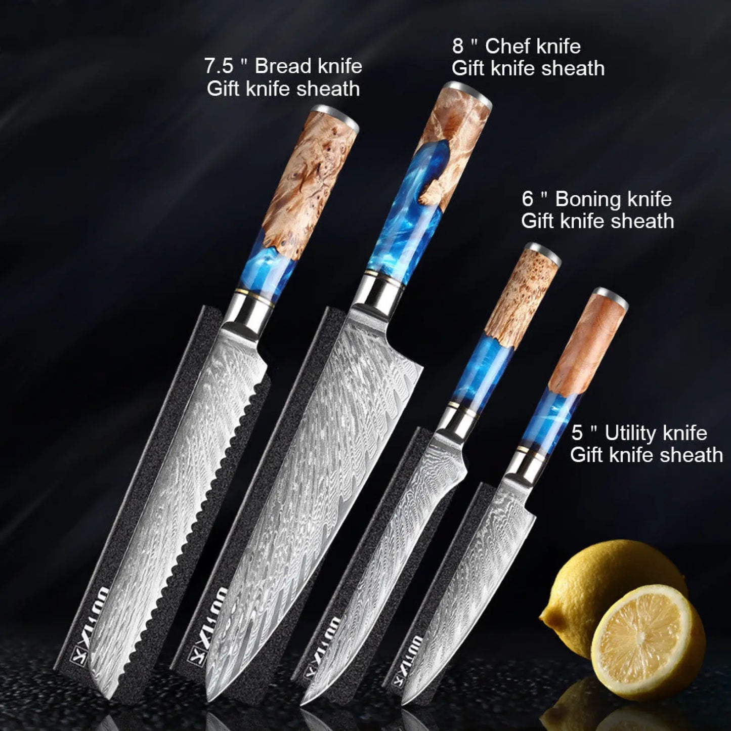 Damascus Chef Knife Set Blue Resin Handle 7 Piece