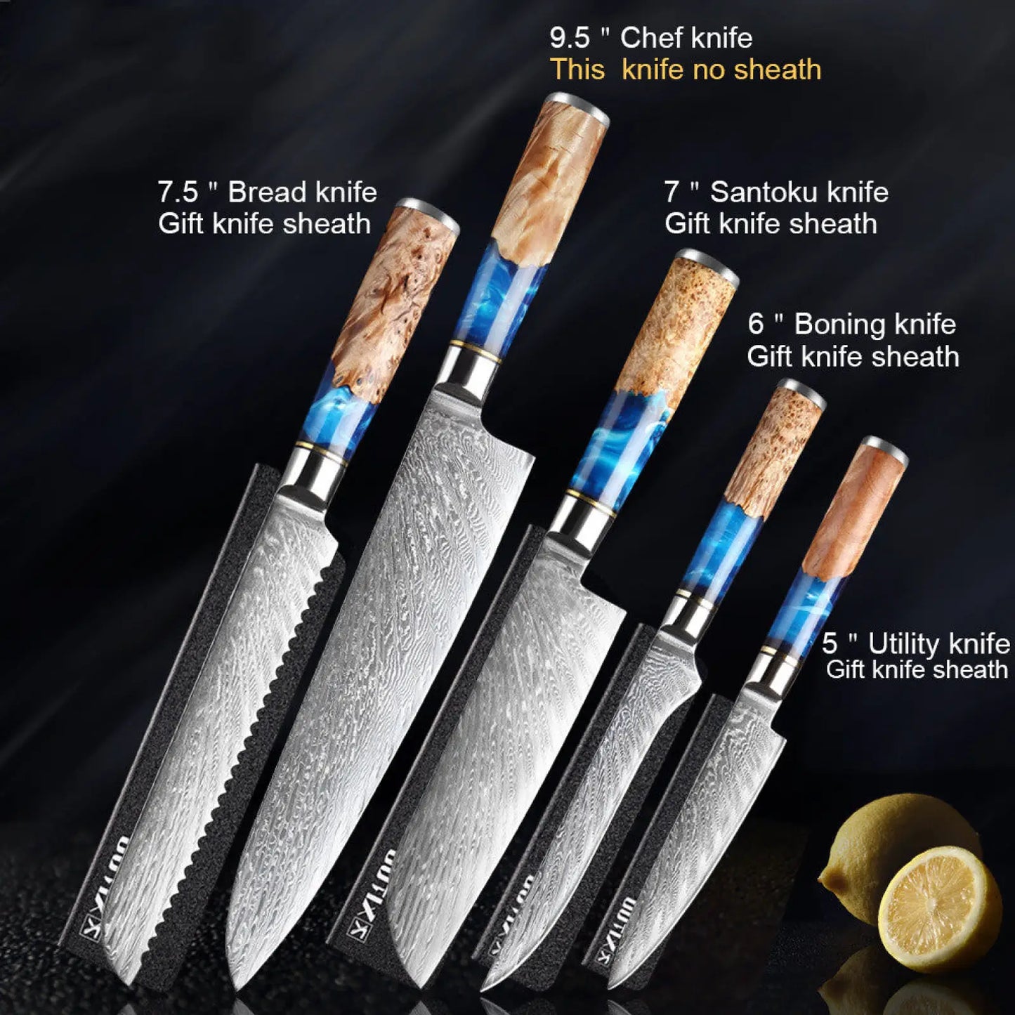 Damascus Chef Knife Set Blue Resin Handle 7 Piece