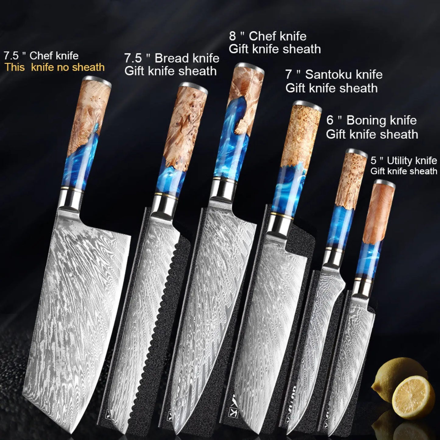 Damascus Chef Knife Set Blue Resin Handle 7 Piece