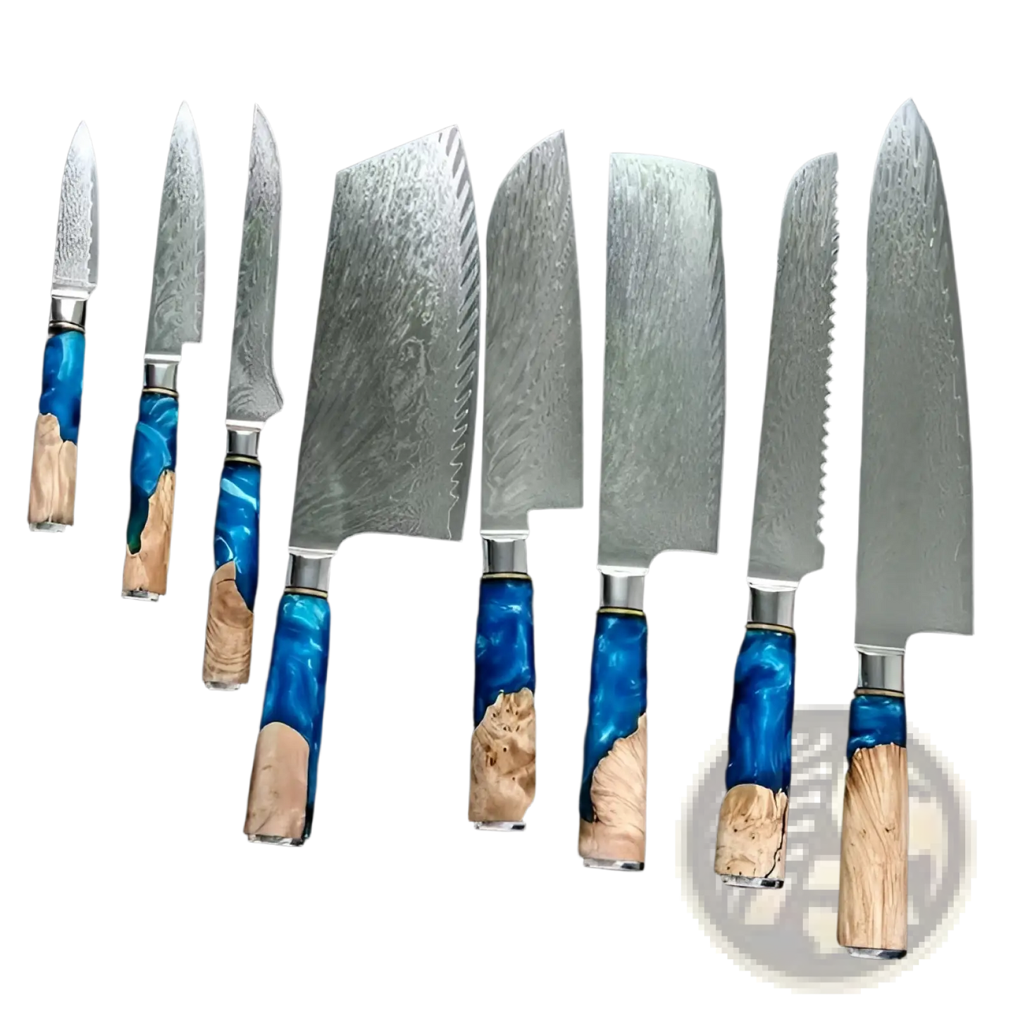 Damascus Chef Knife Set Blue Resin Handle 7 Piece