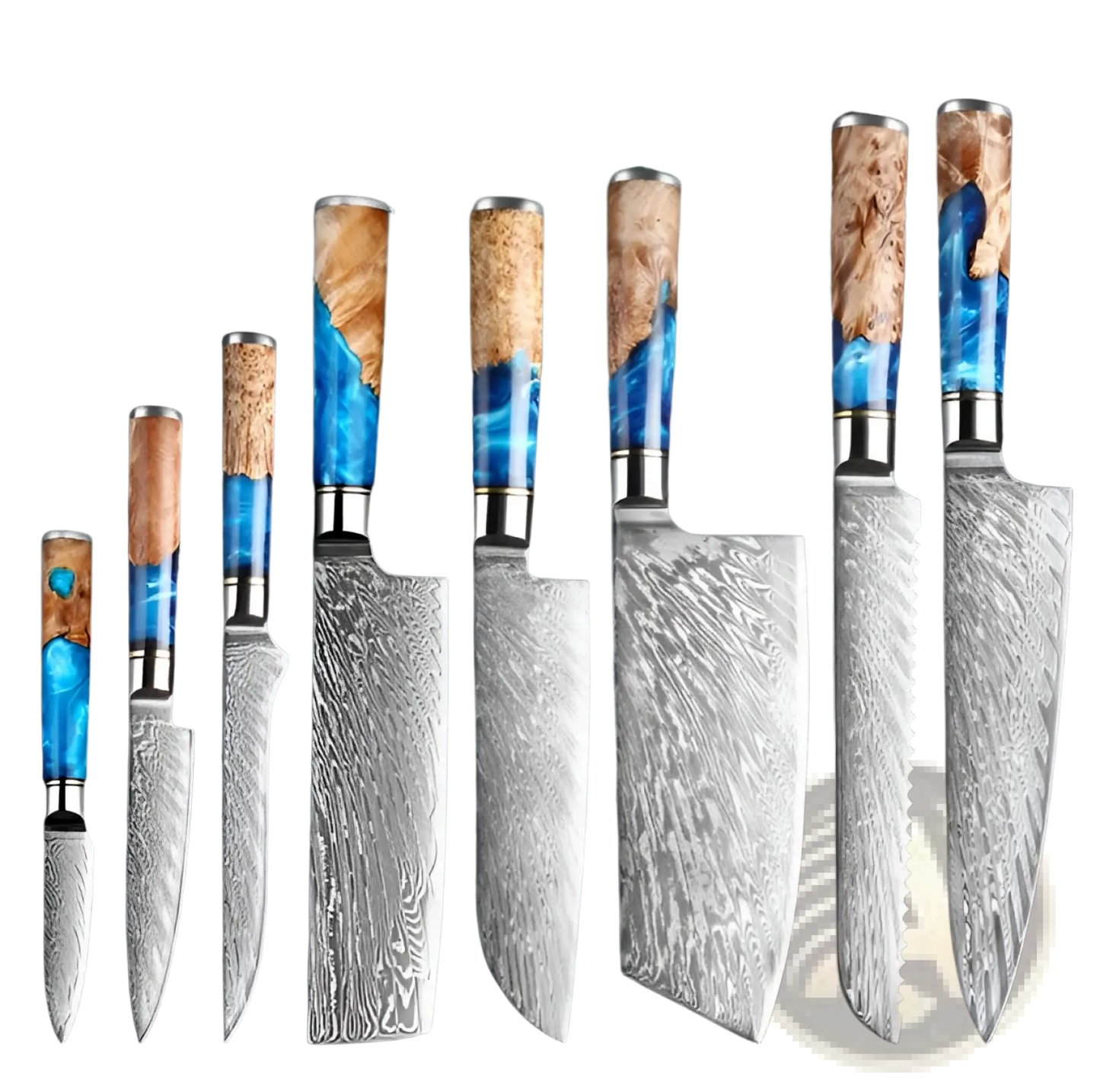 Damascus Chef Knife Set Blue Resin Handle 7 Piece