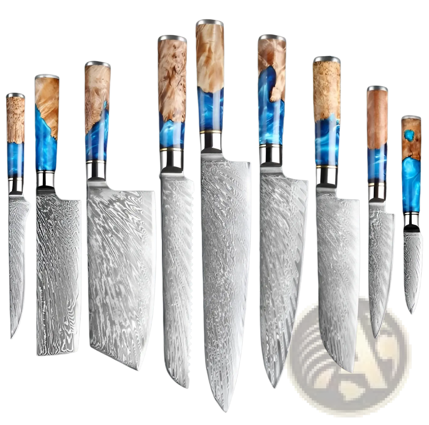 Damascus Chef Knife Set Blue Resin Handle 7 Piece