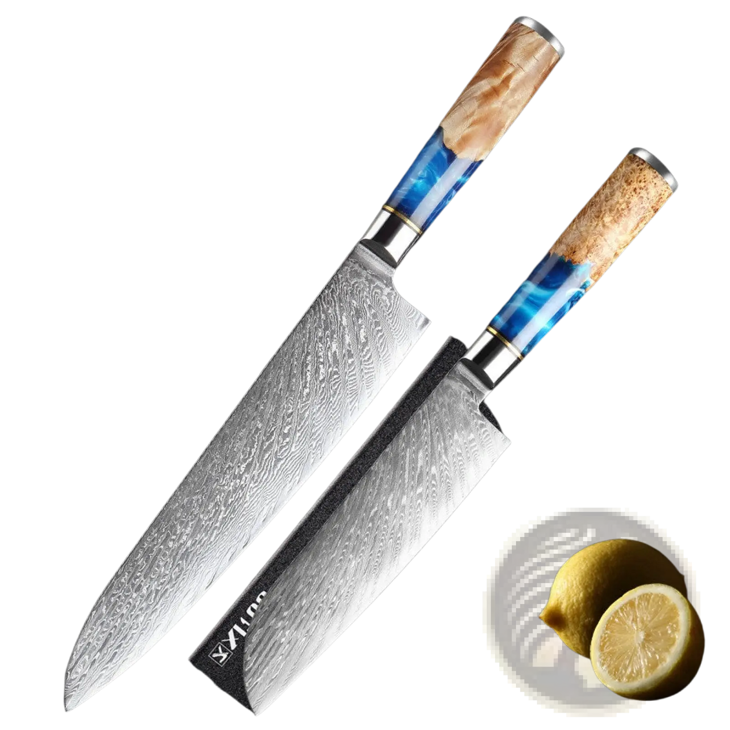 Damascus Chef Knife Set Blue Resin Handle 7 Piece