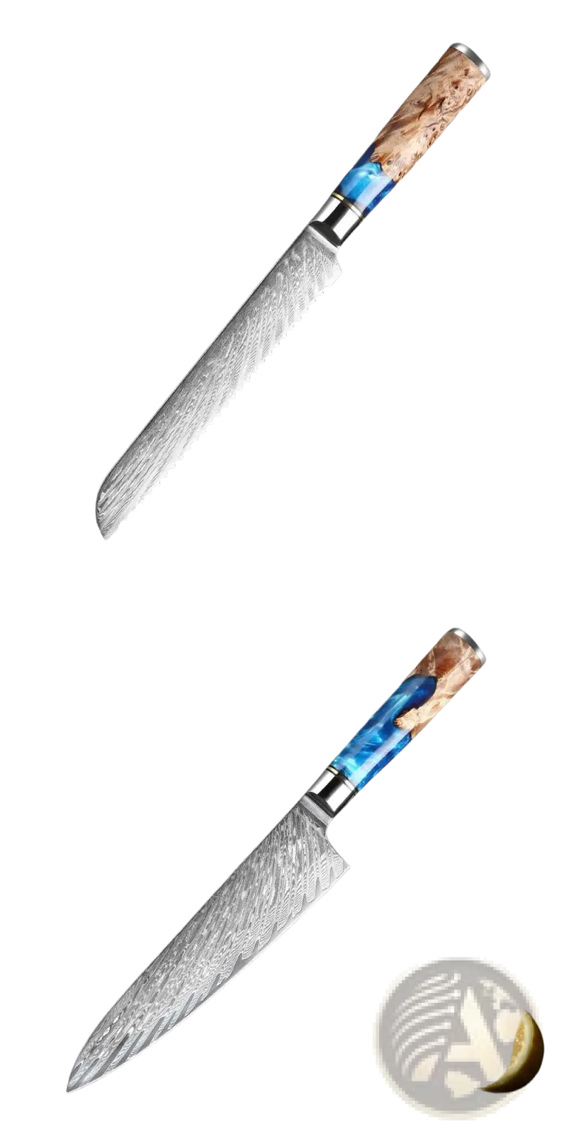Damascus Chef Knife Set Blue Resin Handle 7 Piece