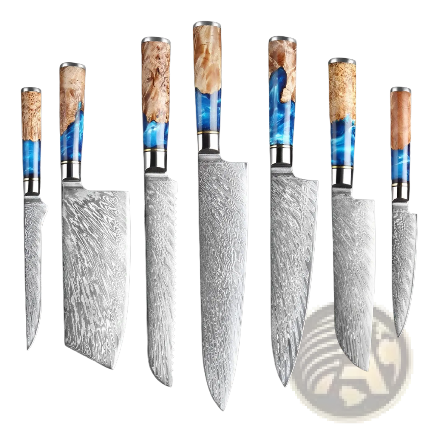 Damascus Chef Knife Set Blue Resin Handle 7 Piece