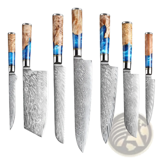 Damascus Chef Knife Set Blue Resin Handle 7 Piece