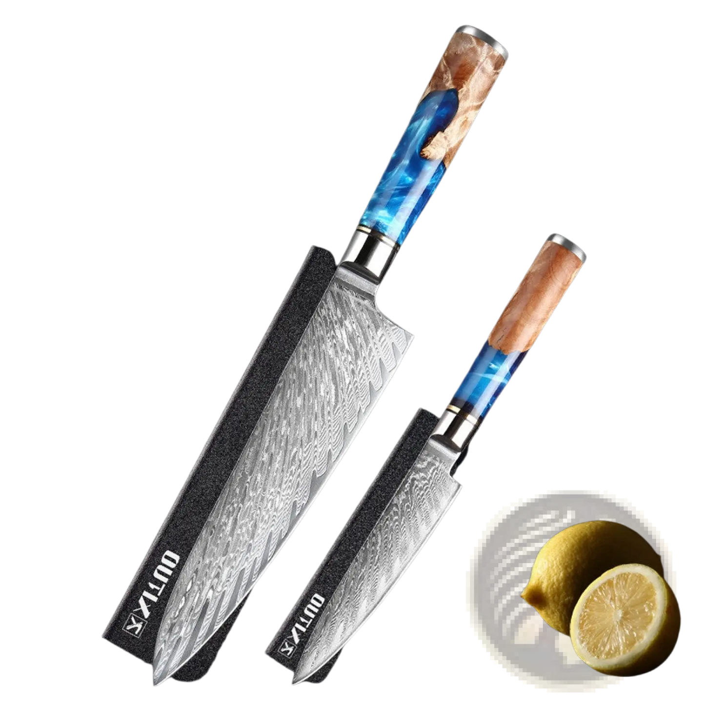 Damascus Chef Knife Set Blue Resin Handle 7 Piece