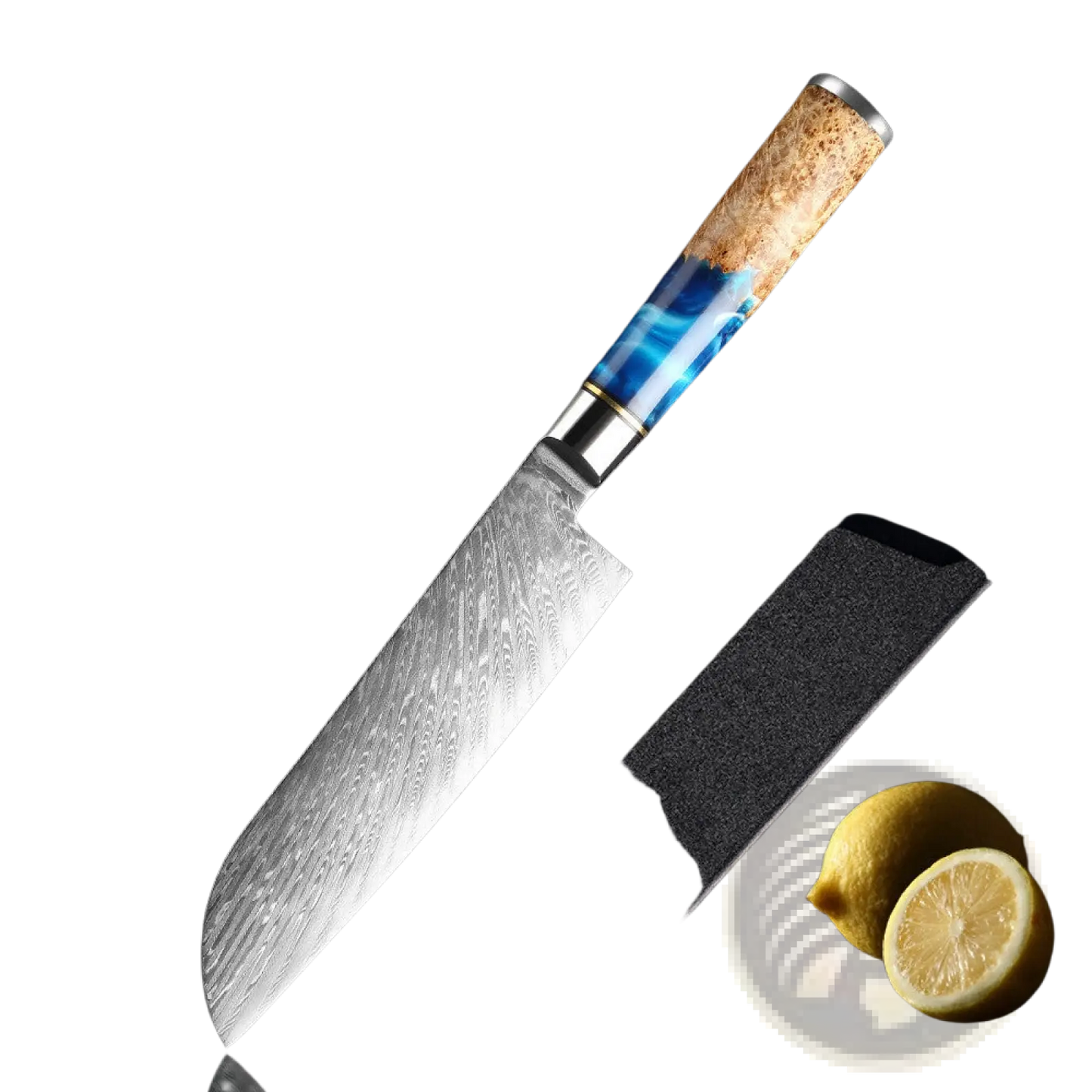 Damascus Chef Knife Set Blue Resin Handle 7 Piece