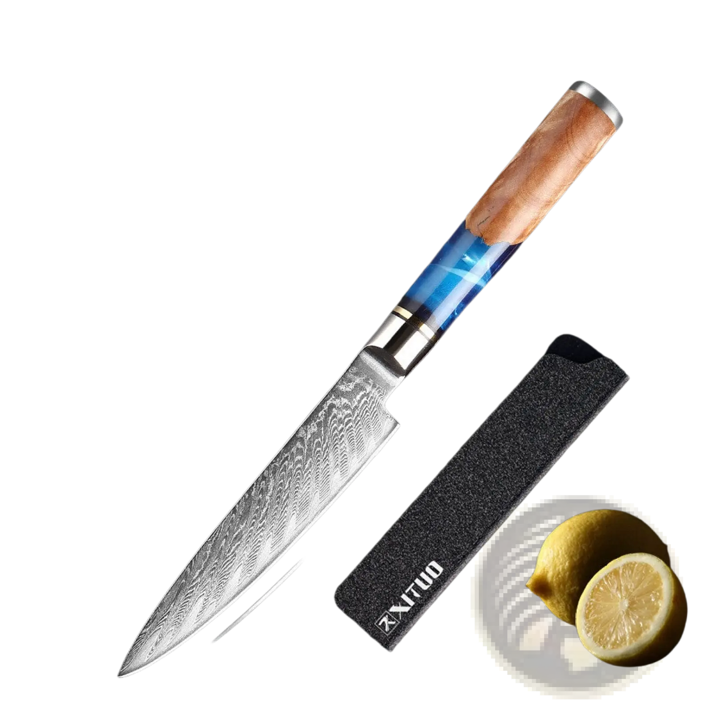 Damascus Chef Knife Set Blue Resin Handle 7 Piece